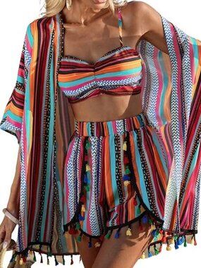 Verdusa Multicolor Striped Shorts Set w/Kimono